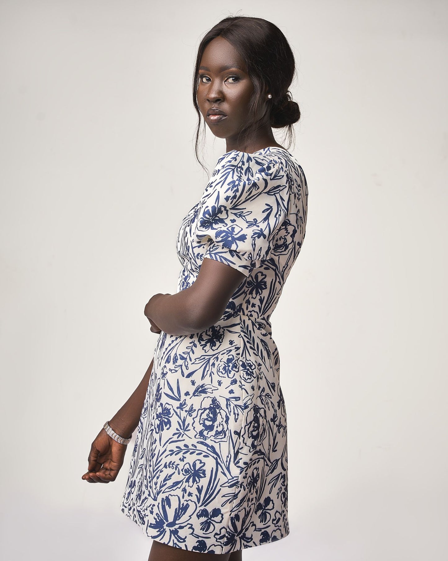 Azure Blossom puff-sleeve mini