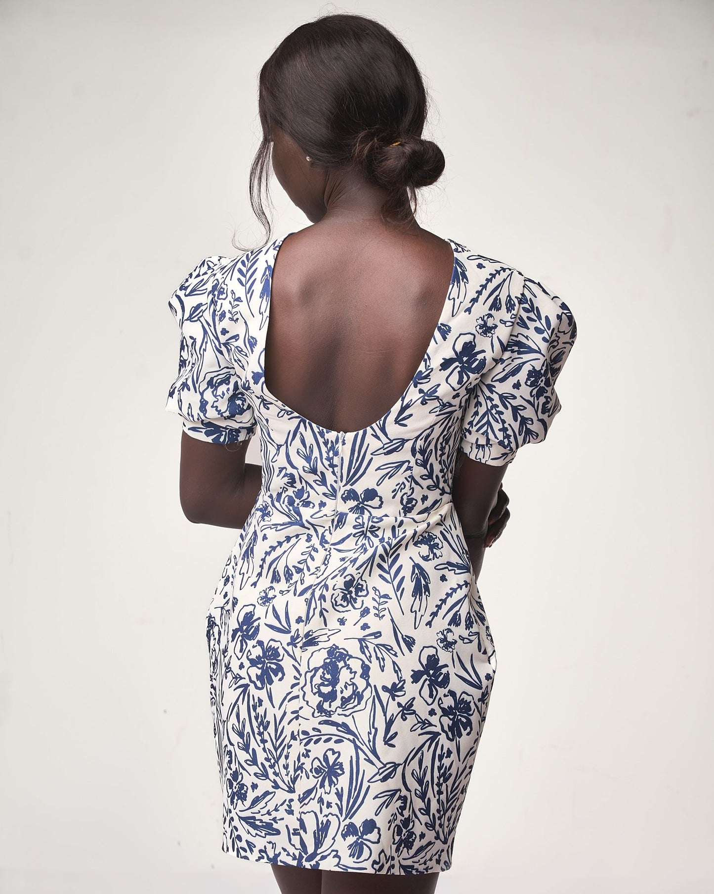 Azure Blossom puff-sleeve mini