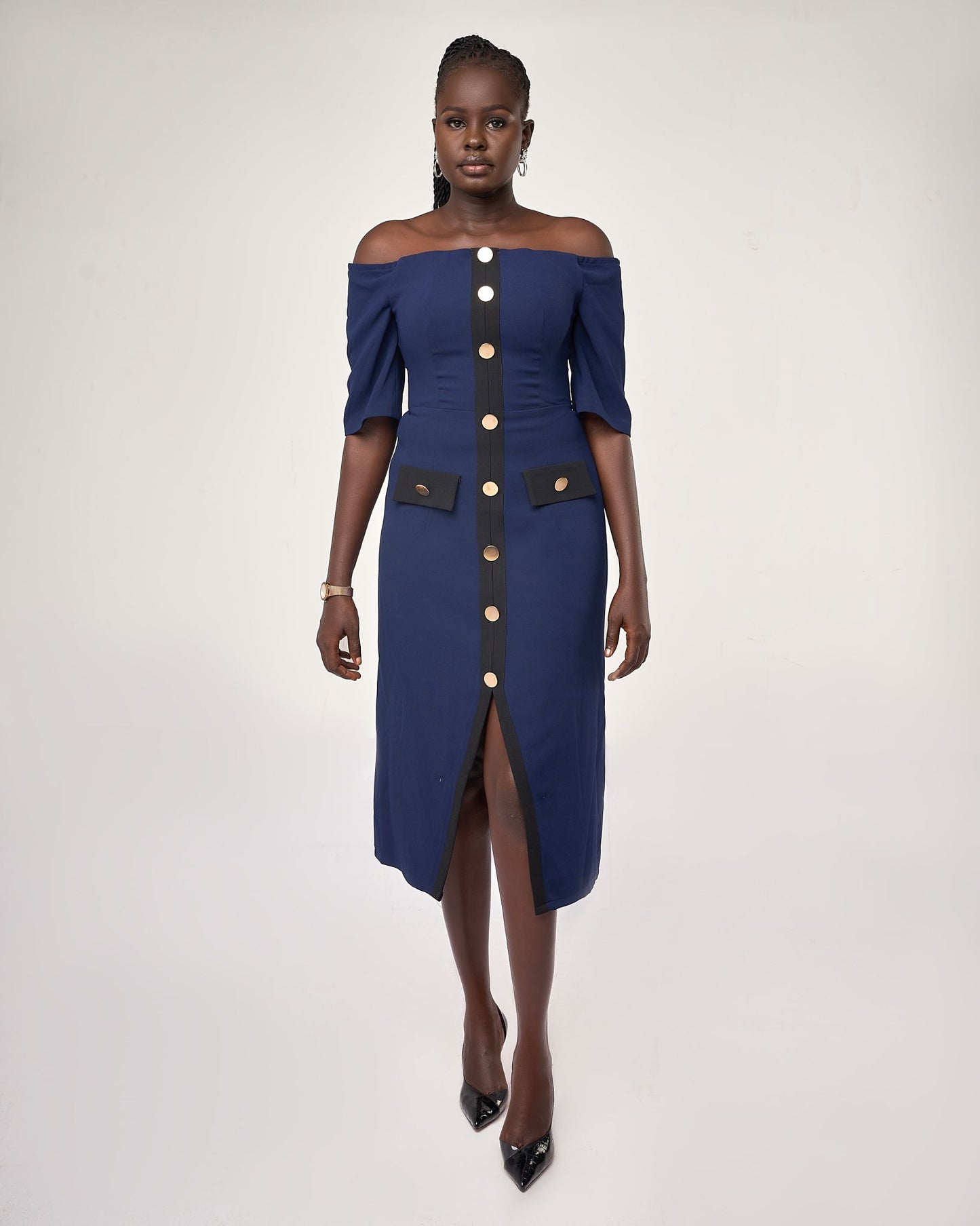 Off-Shoulder button-front midi dress