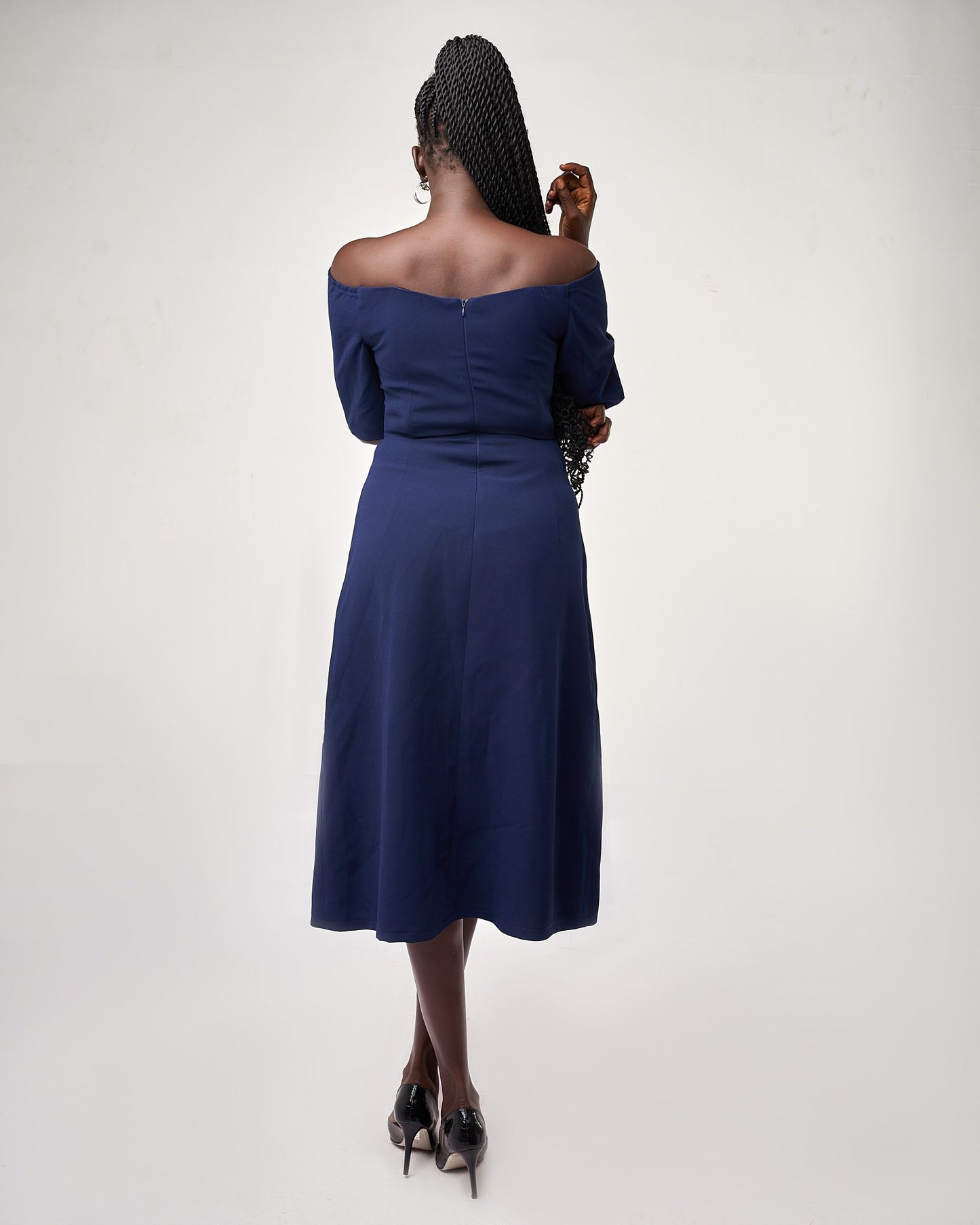 Off-Shoulder button-front midi dress