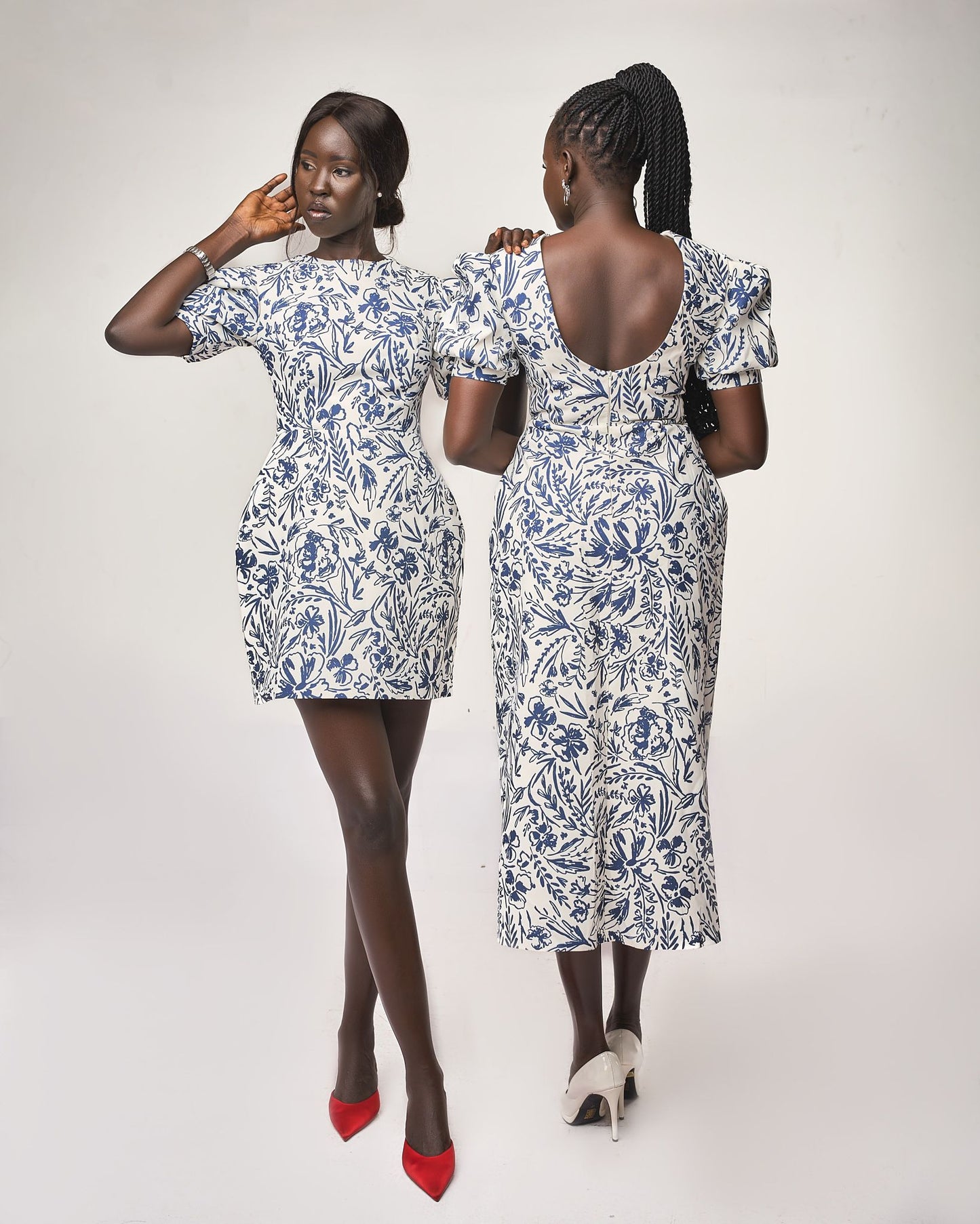 Azure Blossom Puff-sleeve midi