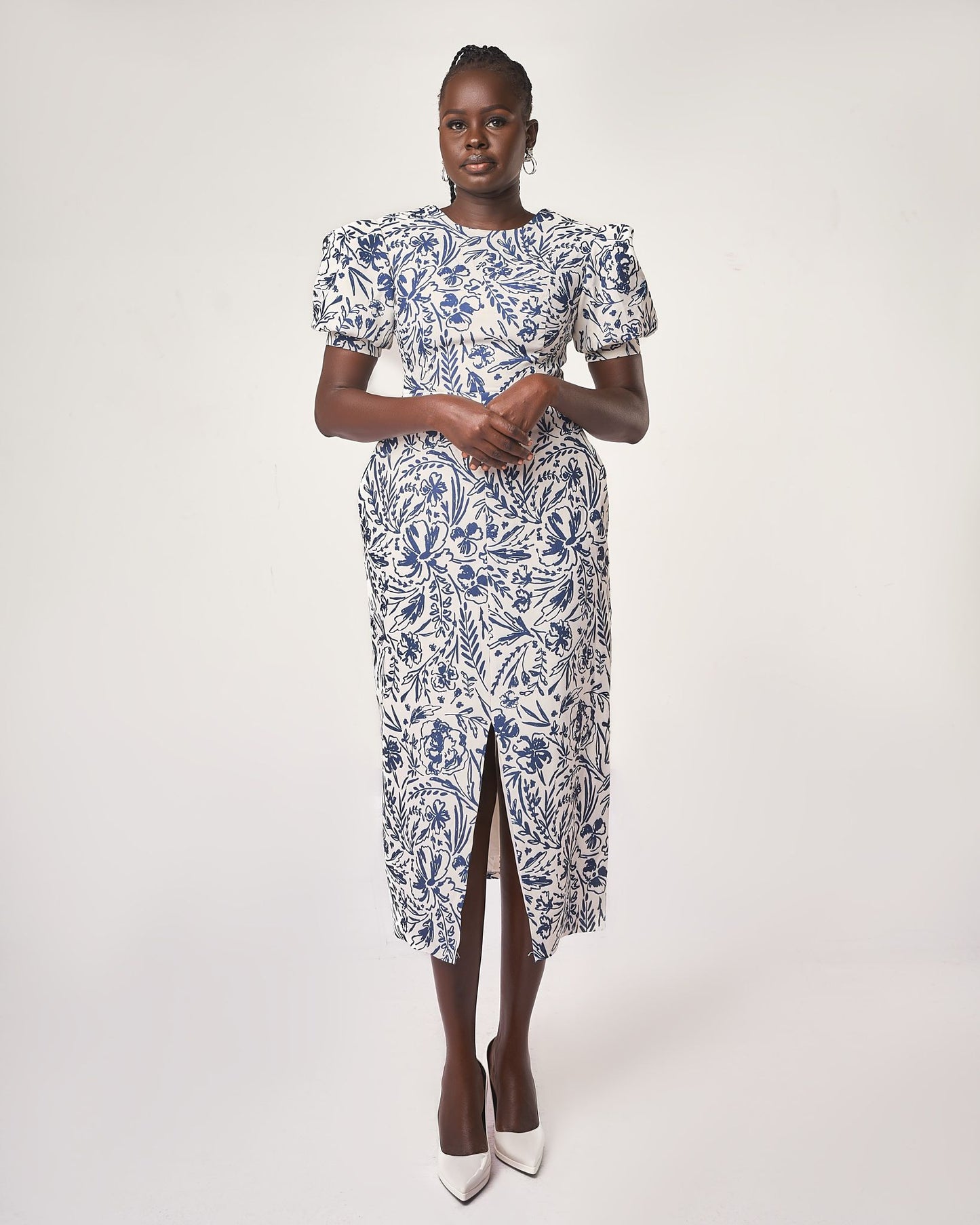 Azure Blossom Puff-sleeve midi