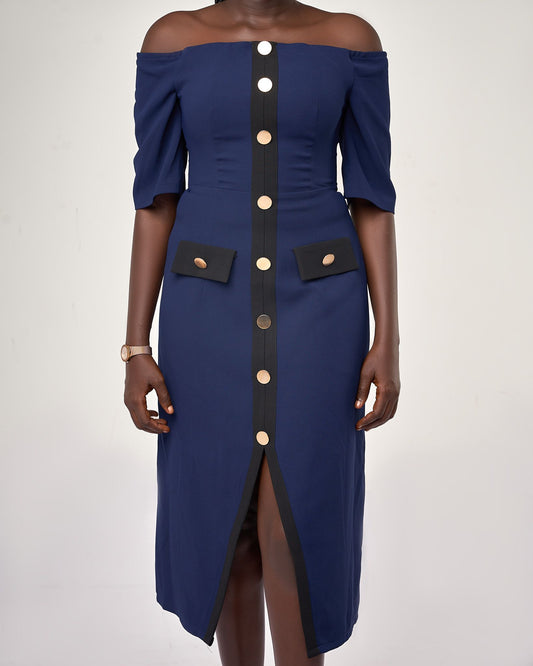 Off-Shoulder button-front midi dress
