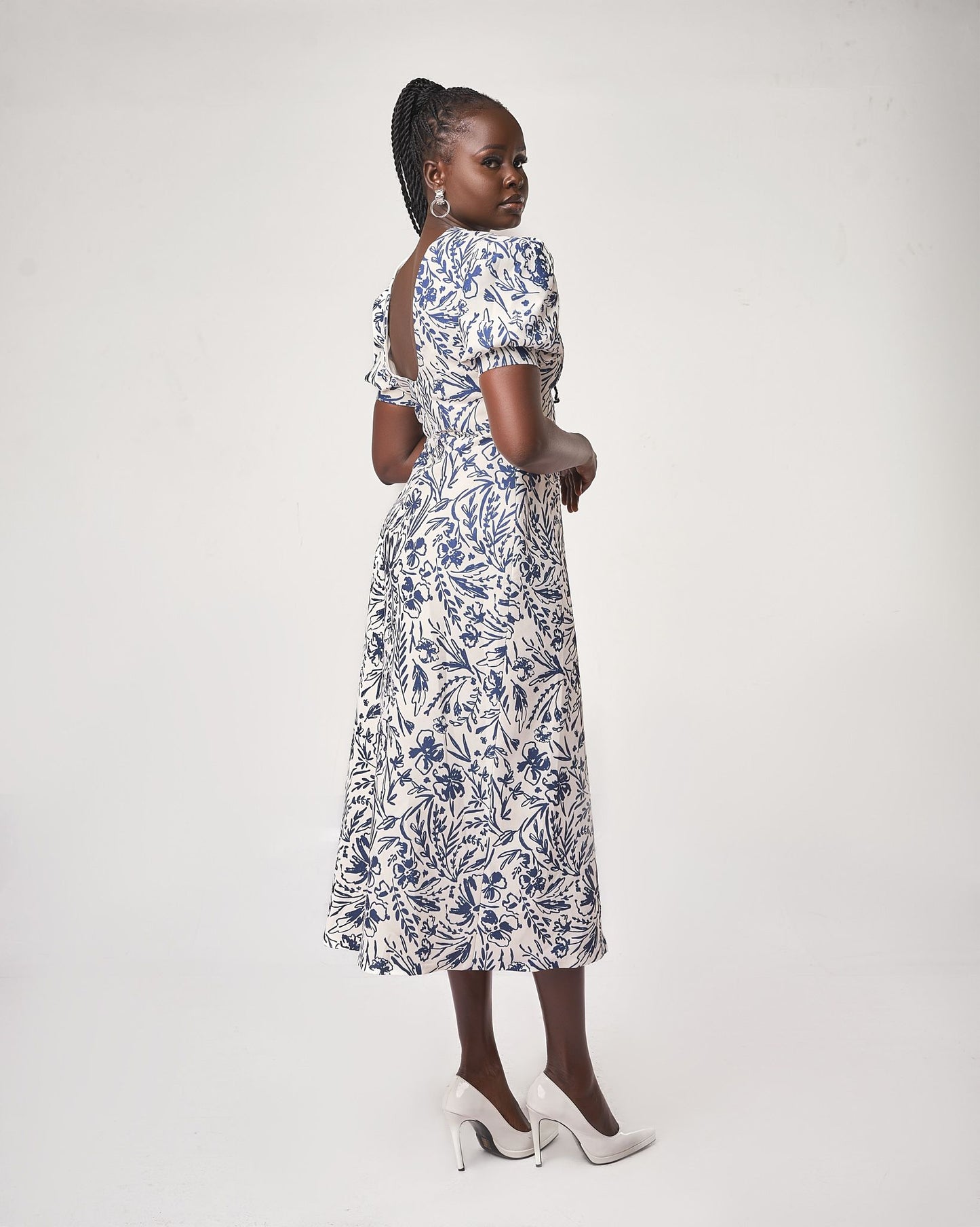 Azure Blossom Puff-sleeve midi
