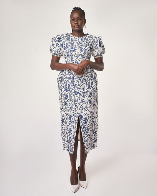 Azure Blossom Puff-sleeve midi