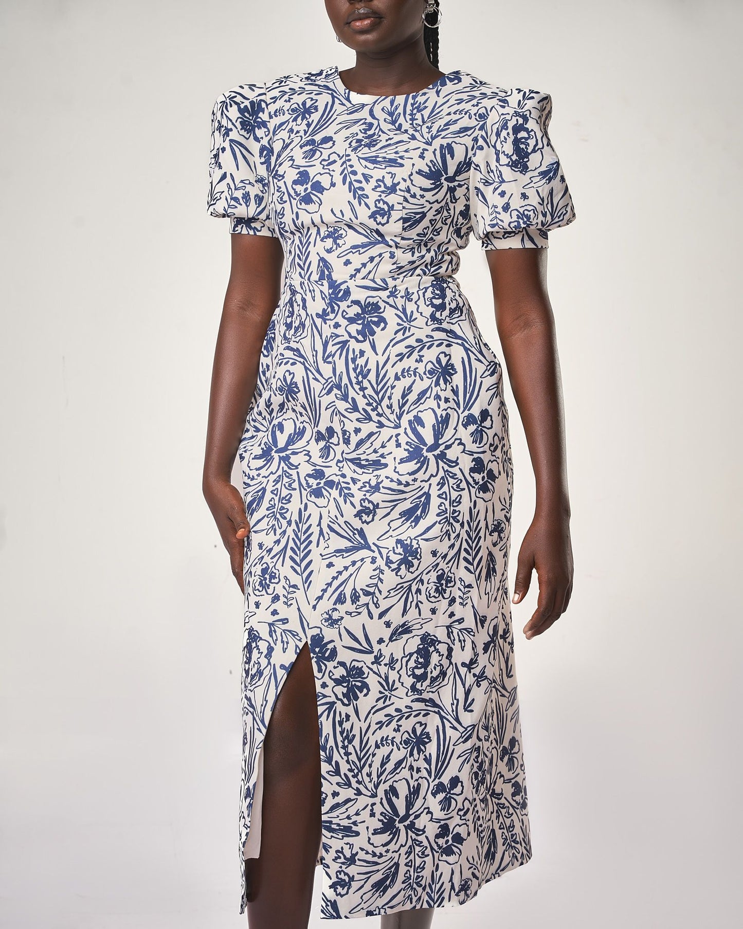 Azure Blossom Puff-sleeve midi